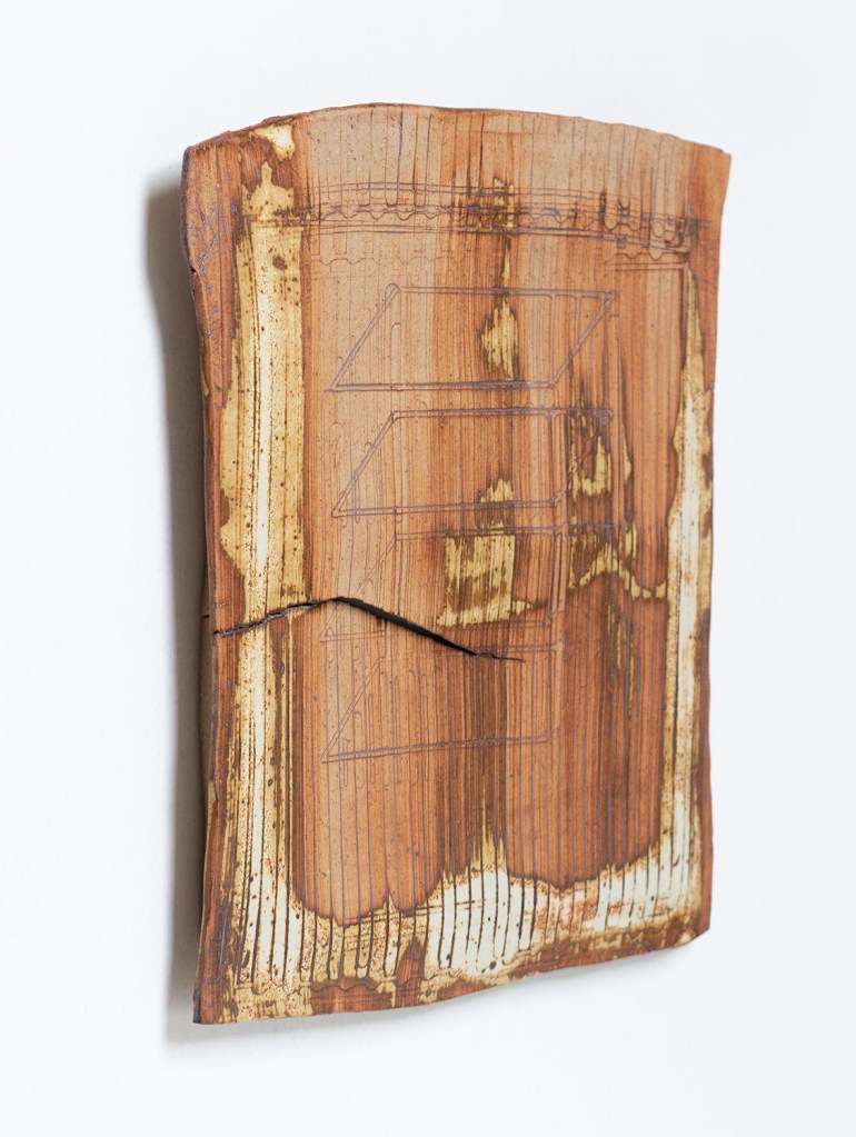 Side view of a wall-mounted ceramic from Scaffolds: Ceramic, 2026, by Matt King. Ceramic.