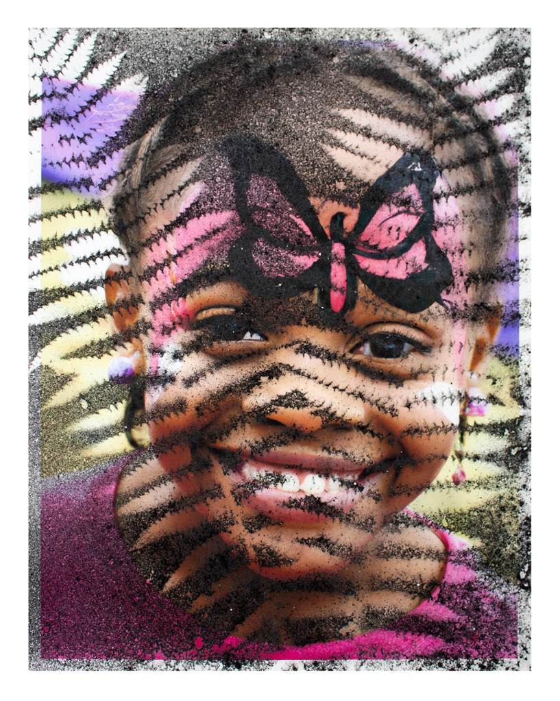 Print of an AI-generated child with face paint, from AI Face Paint (print), 2023, by Matt King. Inkjet print of an AI-generated image, dusted with iron oxide through foliage collected on site.
