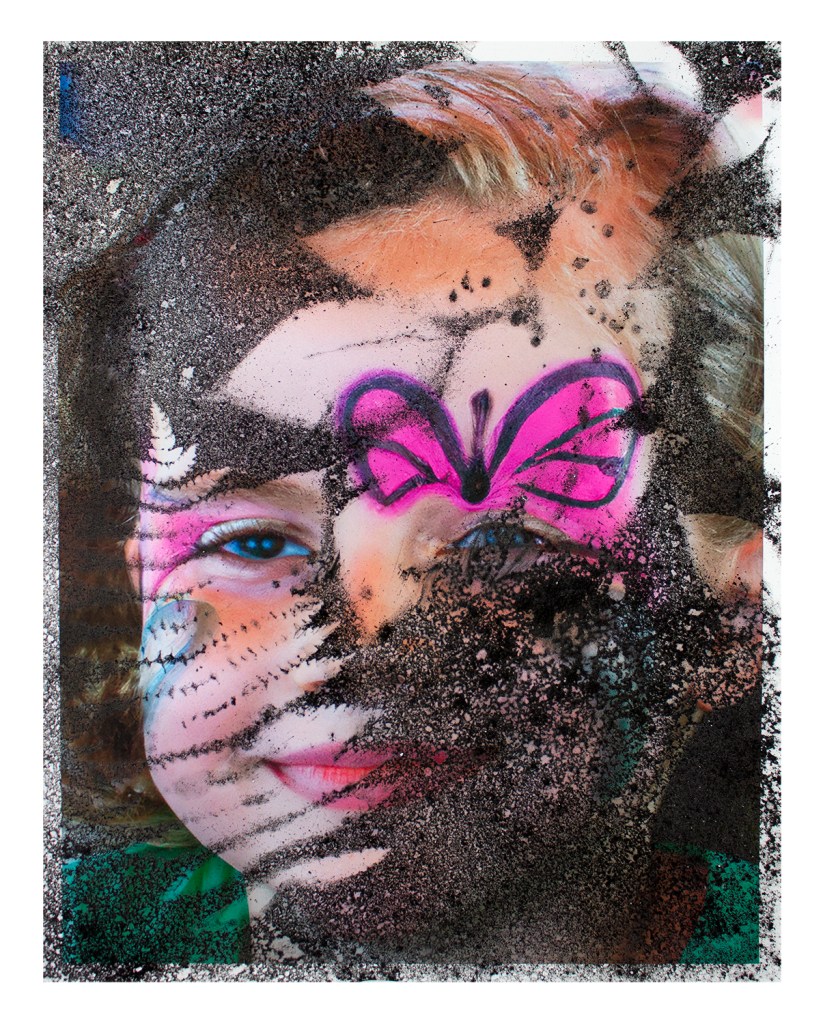 Print of an AI-generated child with face paint, from AI Face Paint (print), 2023, by Matt King. Inkjet print of an AI-generated image, dusted with iron oxide through foliage collected on site.