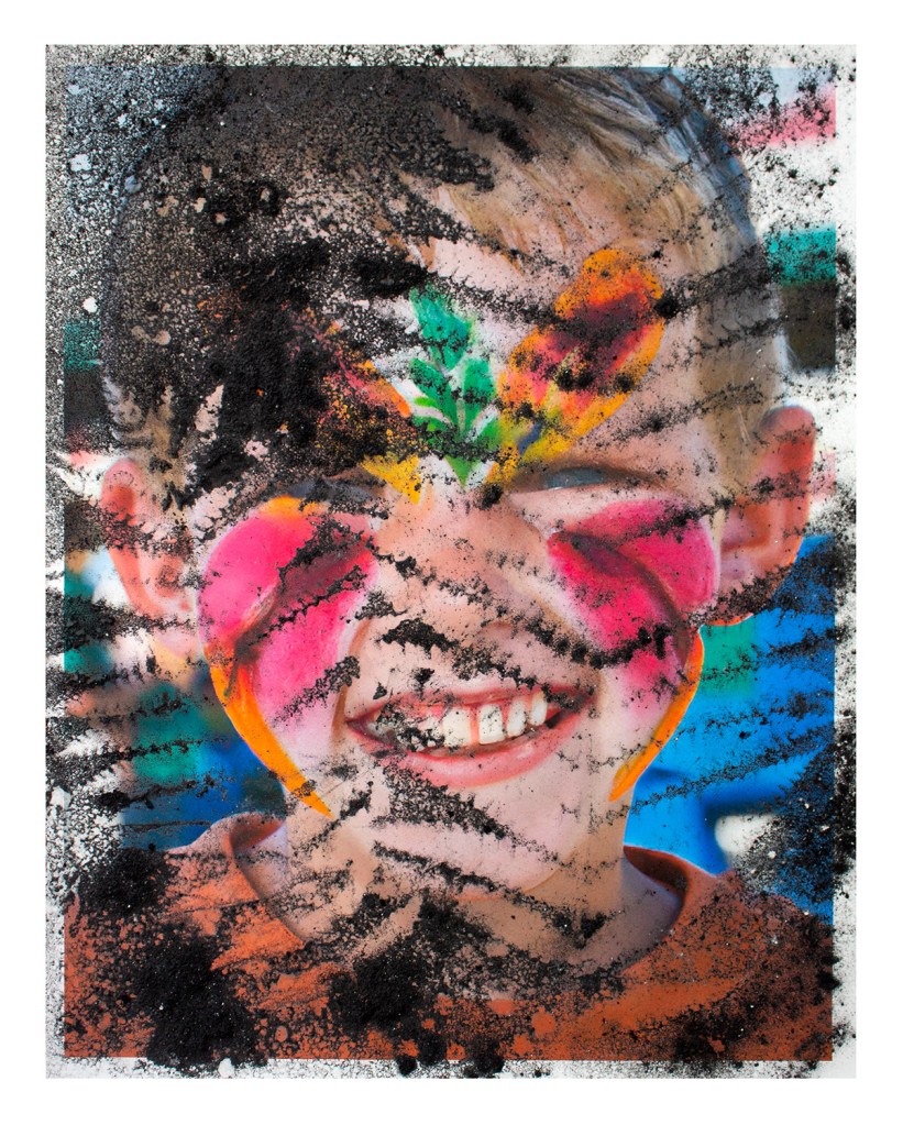 Print of an AI-generated child with face paint, from AI Face Paint (print), 2023, by Matt King. Inkjet print of an AI-generated image, dusted with iron oxide through foliage collected on site.
