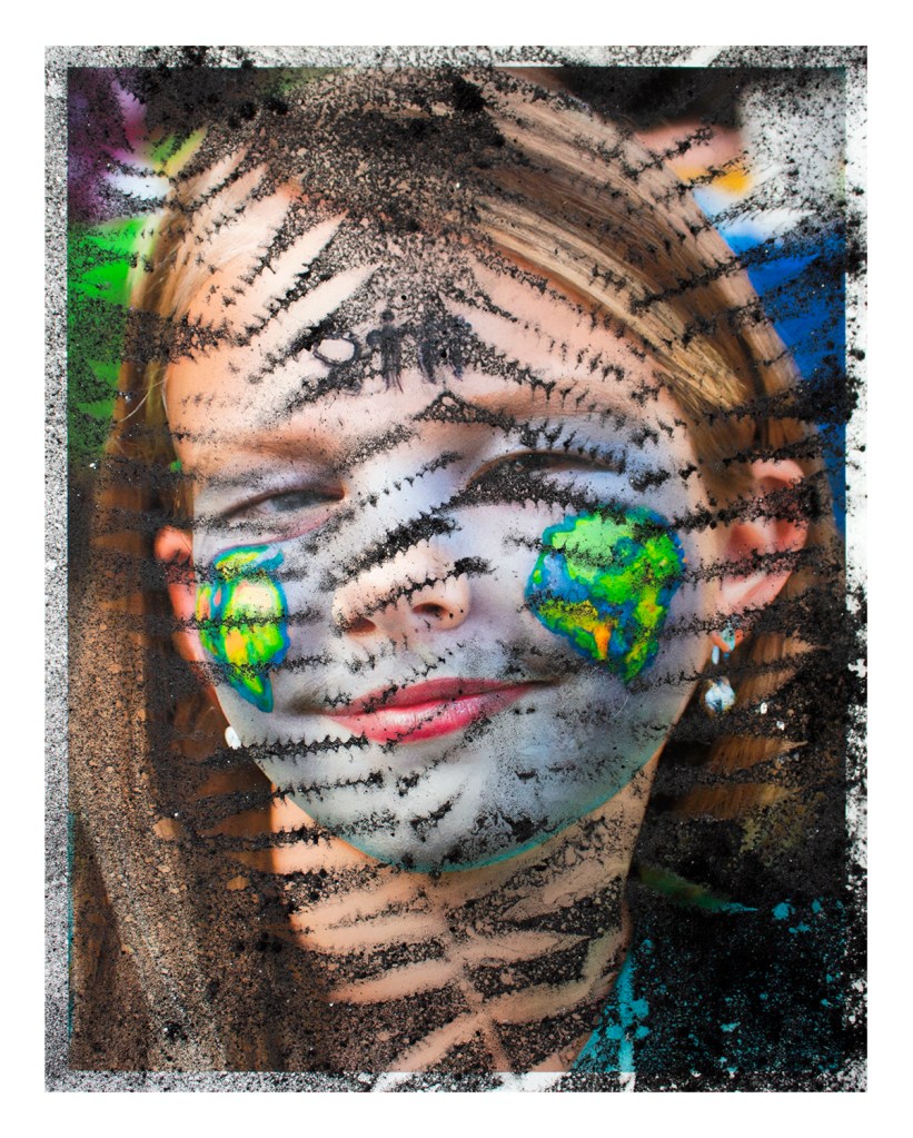 Print of an AI-generated child with face paint, from AI Face Paint (print), 2023, by Matt King. Inkjet print of an AI-generated image, dusted with iron oxide through foliage collected on site.