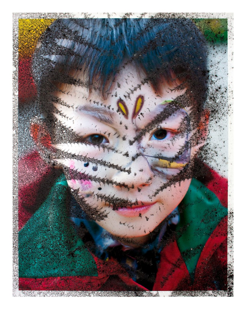 Print of an AI-generated child with face paint, from AI Face Paint (print), 2023, by Matt King. Inkjet print of an AI-generated image, dusted with iron oxide through foliage collected on site.