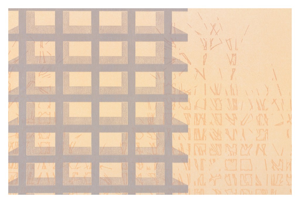 Detail of a monoprint from Scaffolds: Monoprints, 2025, by Matt King. Monoprint made with digitally fabricated wood and paper stencils, 22″ x 30″.