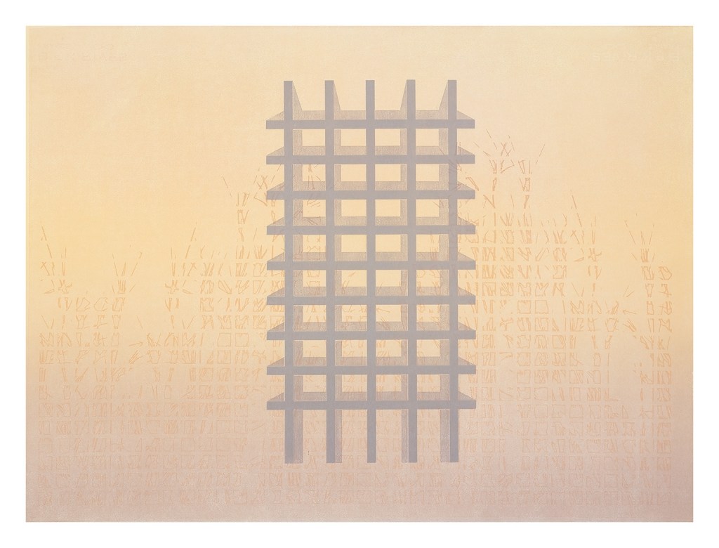 A monoprint from Scaffolds: Monoprints, 2025, by Matt King. Monoprint made with digitally fabricated wood and paper stencils, 22″ x 30″.