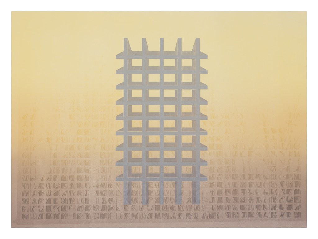 A monoprint from Scaffolds: Monoprints, 2025, by Matt King. Monoprint made with digitally fabricated wood and paper stencils, 22″ x 30″.