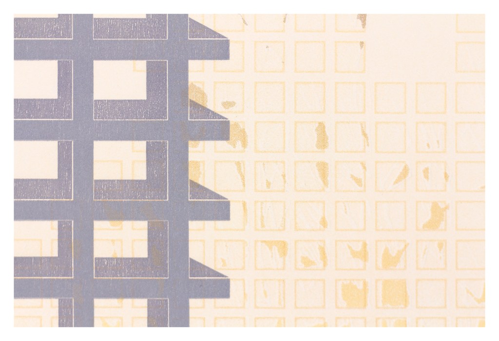 Detail of a monoprint from Scaffolds: Monoprints, 2025, by Matt King. Monoprint made with digitally fabricated wood and paper stencils, 22″ x 30″.