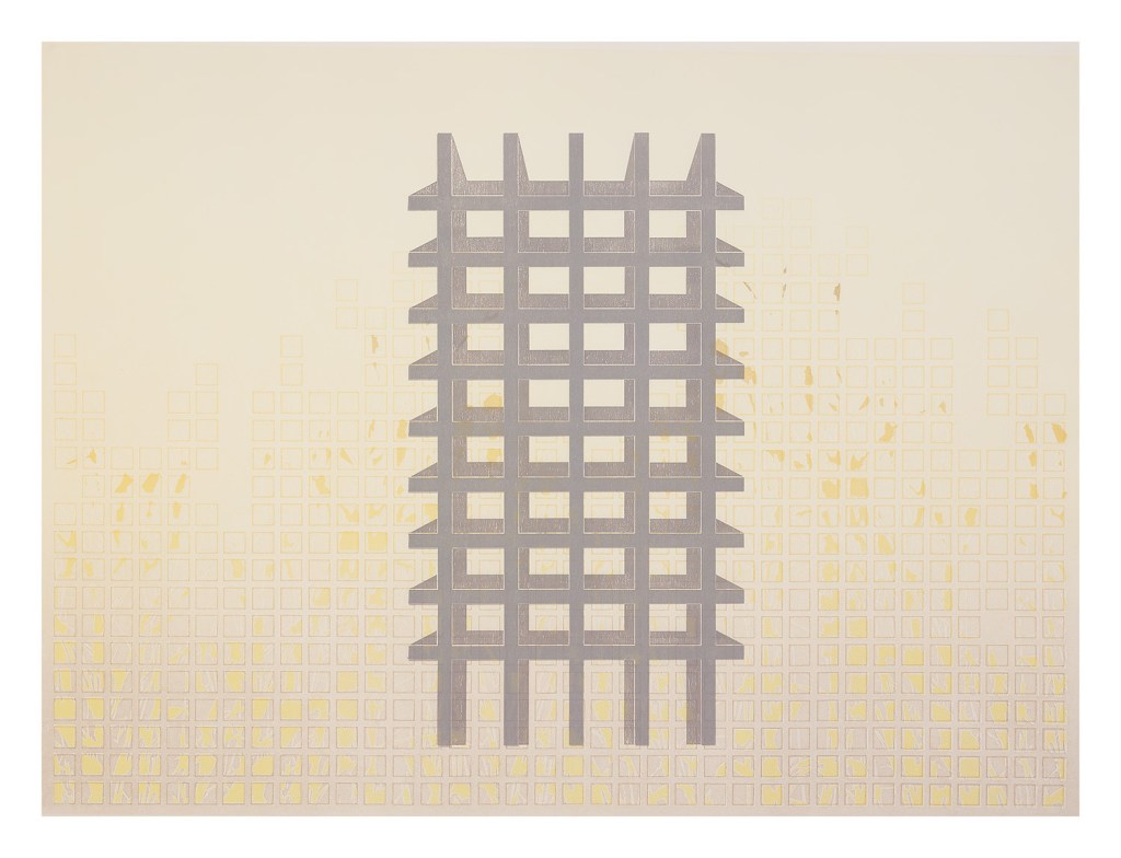 A monoprint from Scaffolds: Monoprints, 2025, by Matt King. Monoprint made with digitally fabricated wood and paper stencils, 22″ x 30″.