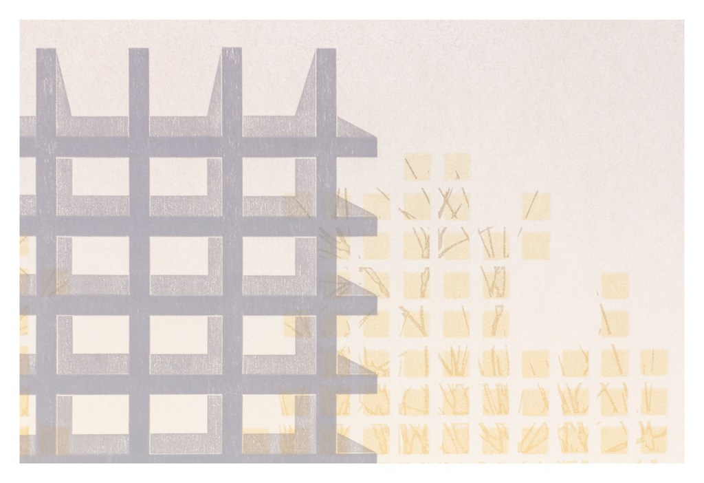 Detail of a monoprint from Scaffolds: Monoprints, 2025, by Matt King. Monoprint made with digitally fabricated wood and paper stencils, 22″ x 30″.