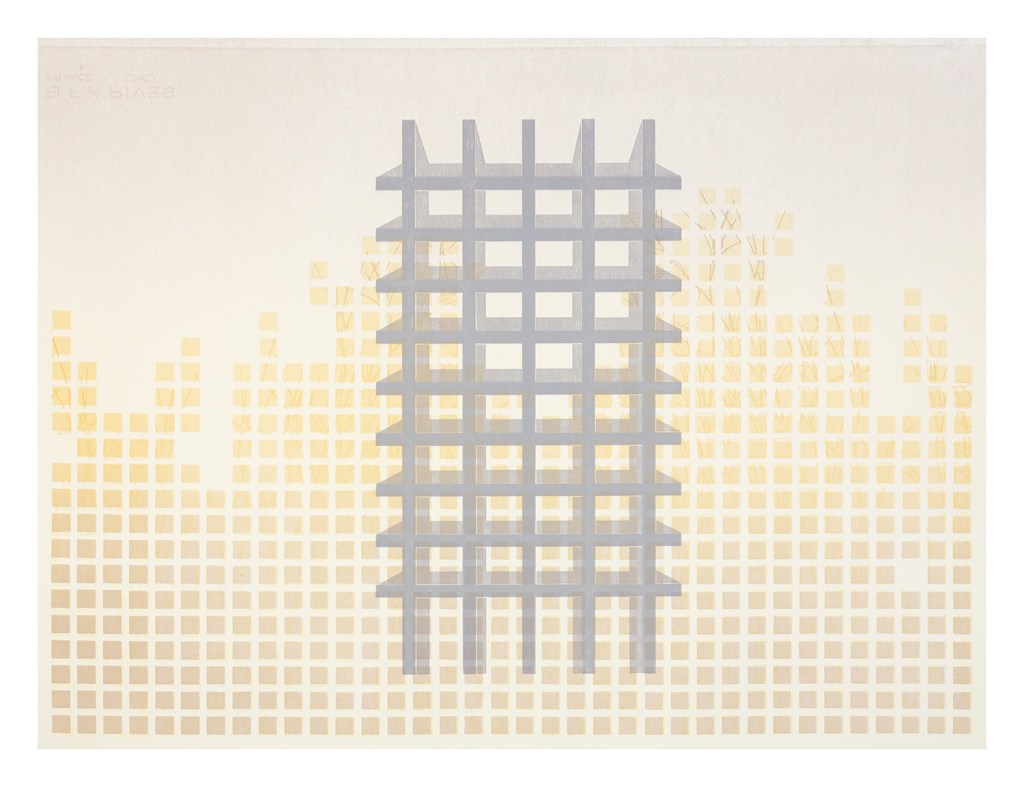 A monoprint from Scaffolds: Monoprints, 2025, by Matt King. Monoprint made with digitally fabricated wood and paper stencils, 22″ x 30″.