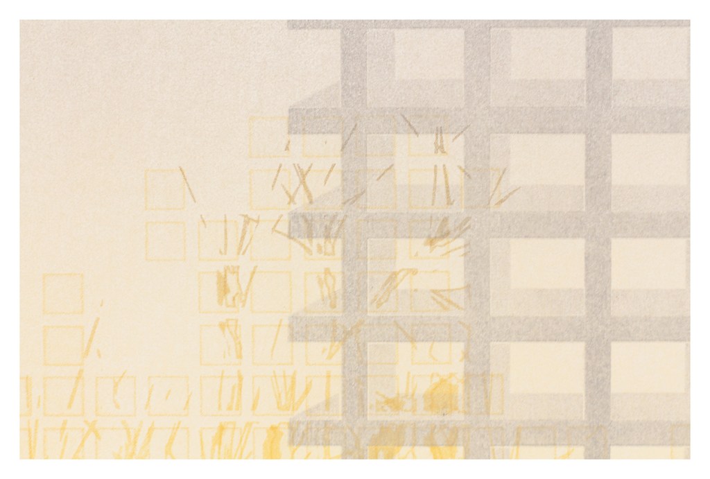 Detail of a monoprint from Scaffolds: Monoprints, 2025, by Matt King. Monoprint made with digitally fabricated wood and paper stencils, 22″ x 30″.