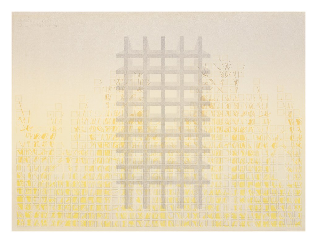 A monoprint from Scaffolds: Monoprints, 2025, by Matt King. Monoprint made with digitally fabricated wood and paper stencils, 22″ x 30″.