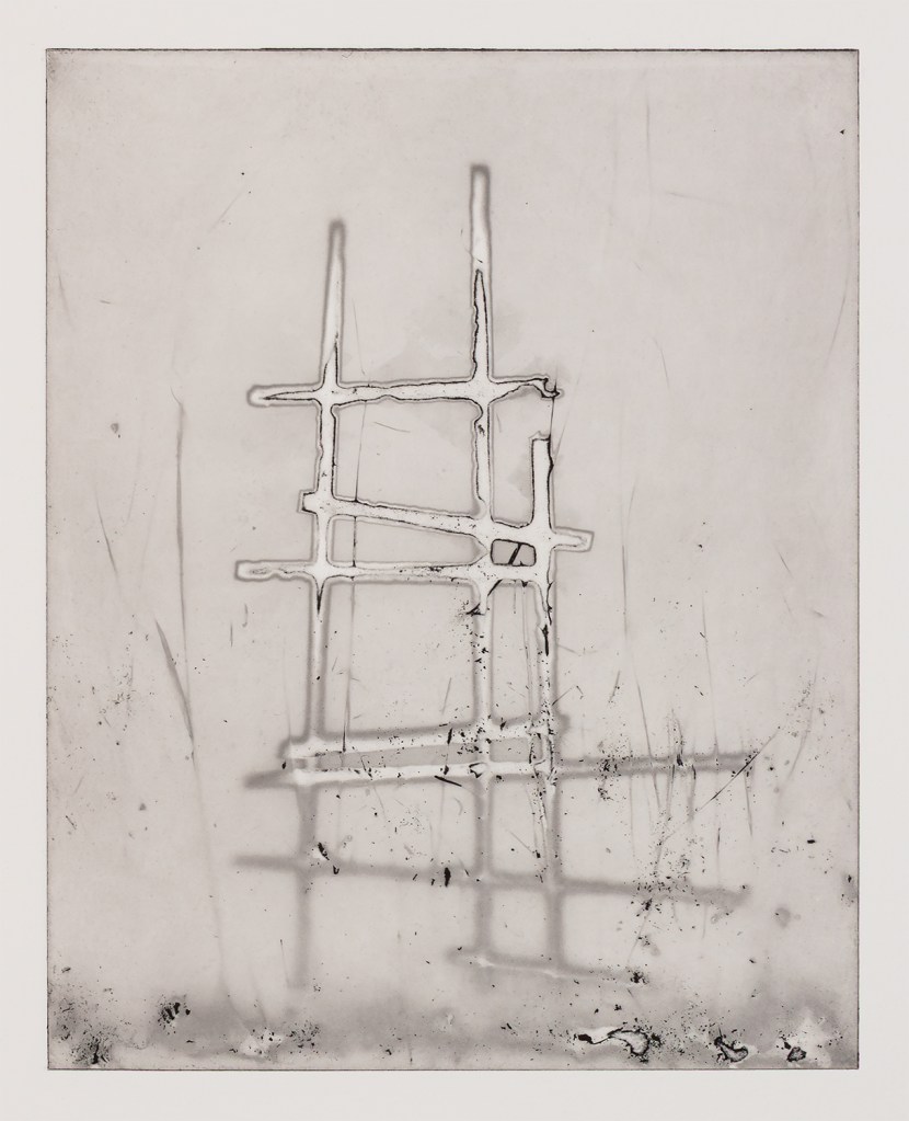 An etching from Scaffolds: Photogravure, 2025, by Matt King. Polymer photogravure etching.